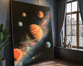 Outer Space Planets Canvas Wall Art, Galaxy Stars Decor, Solar System Illustration, Cosmic Planetary Canvas, Space Room Decoration