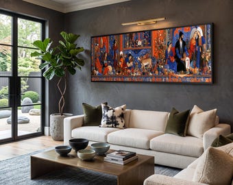 Persian Royal Gathering Canvas Wall Art, Traditional Middle Eastern Scene, Vibrant Cultural Decor, Ornate Ceramic and Textile Design,