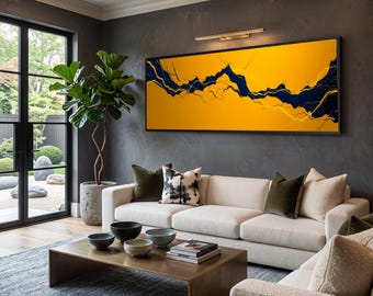 Modern Abstract Lightning Canvas, Bold Yellow Navy Wall Art, Contemporary Energy Design, Dynamic Room Decoration