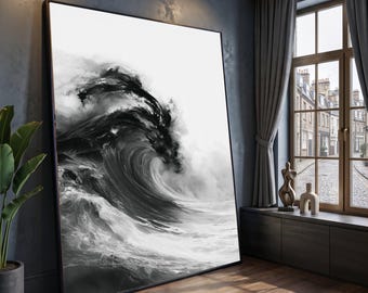 Monochrome Ocean Wave Canvas, Black and White Sea Wave Wall Art, Coastal Abstract Canvas, Contemporary Home Decor, Nature Water Scene