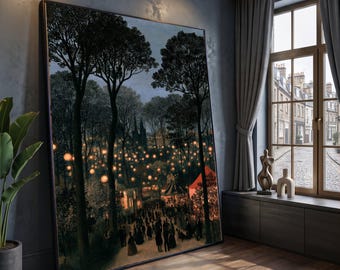 Evening Festival Lantern Lights, Historic Park Scene Canvas, Romantic Night Celebration Wall Art, Vintage Outdoor Gathering Canvas