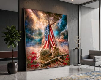 May include: A large framed wall art print depicting a wooden cross draped with an American flag, positioned in a field of red poppies. A military helmet, a combat boot, and a rifle rest at the base of the cross under a dramatic, cloudy sky.