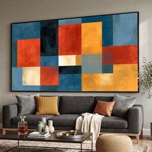 Toile moderne à blocs géométriques colorés, art mural abstrait rectangulaire, décoration intérieure contemporaine, toile aux couleurs vibrantes