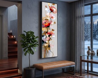 Elegant Red and Pink Floral Canvas Wall Art with Butterflies, Abstract Flower Vertical Home Decor, Modern Botanical Canvas, Ready to Hang