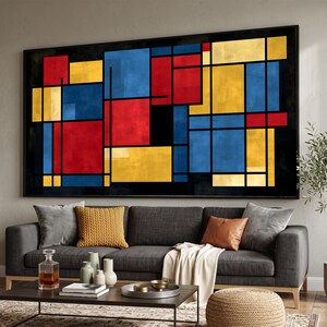 Moderne geometrische Leinwandbilder, abstraktes rechteckiges Design, rot-blau-gelbe Leinwand, zeitgenössische Wohndekoration, ausdrucksstarkes, farbenfrohes Kunstwerk