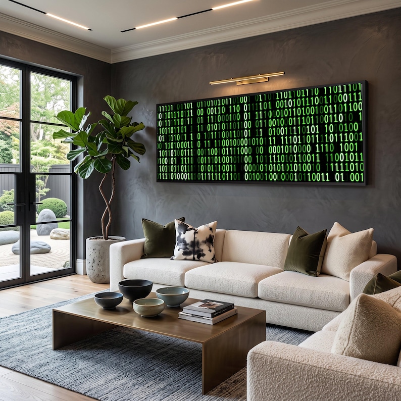 Glowing Binary Code Canvas, Digital Matrix Wall Art, Tech Abstract Canvas, Modern Home Decoration, Cybersecurity Theme Artwork image 1