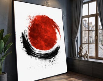 Bold Red Circle Canvas Wall Art, Modern Abstract Brushstroke Design, Minimalist Black and Red Home Decor, Contemporary Canvas Art
