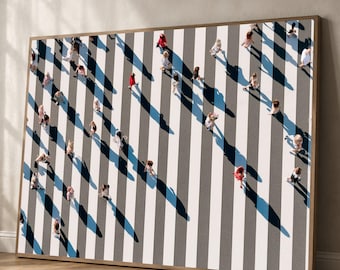 City Crosswalk Scene, Overhead Pedestrian View, Urban Life Canvas, Street Shadow Art, Modern Home Wall Decor, Minimalist Cityscape