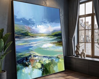 Tranquil River Landscape Canvas, Blue Sky Wall Art, Serene Nature Scene, Green Valley Canvas, Modern Home Decoration