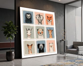 Whimsical Animal Portraits Canvas Wall Art Set, Kids Room Nursery Decor, Cute Wild Animal Illustrations, Playful Safari Canvas Prints