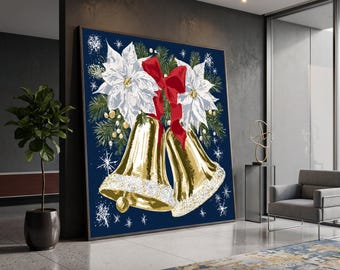 Golden Christmas Bells Canvas, Holiday Wall Art, Festive Poinsettia and Evergreen Decoration, Seasonal Canvas Print, Winter Home Decor