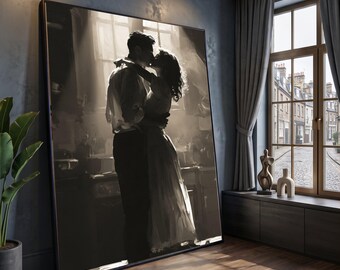 Romantic Couple Embrace Canvas, Vintage Black and White Wall Art, Intimate Love Scene Canvas, Timeless Home Decor, Ready to Hang Art