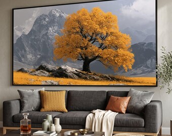 Golden Autumn Tree Canvas, Mountain Landscape Wall Art, Nature Scene Canvas, Forest Meadow Decoration, Fall Season Canvas Print