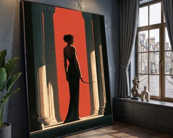 Elegant Woman with Bow Canvas, Ancient Columns Wall Art, Classic Silhouette Art, Dramatic Red Background Canvas, Modern Myth Wall Decor