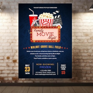 Folheto, cartão postal e pôster para arrecadação de fundos para noite de cinema, editável no Canva PREMIUM, evento PTA/PTO, comunidade escolar e religiosa - download digital