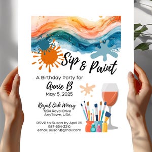 Sip and Paint Adult Birthday Invitation - Fun and Creative Art Party Invite - Editable in FREE Canva - Digital Download -