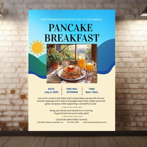 Panfleto de café da manhã com panquecas, cartão postal, pôster, escola, igreja, comunidade, arrecadação de fundos para eventos, download digital para impressão, editável pelo Canva