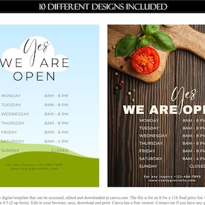Business Hours Sign Editable Printable Template, Custom Store Hours, Holiday Operation, Instant Download Sign