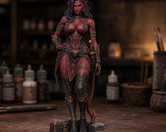 May include: A detailed figurine of a red-skinned tiefling character with dark horns, long dark hair, and pointed ears. The figure wears dark, ornate armour with gold accents, a sword at the hip, and stands on a stone base with a small chest and skull emblem.