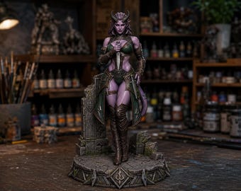 May include: A painted miniature figurine of a purple-skinned tiefling character with horns, wearing dark green and brown armour. The figure holds a small dagger near the chest and stands on a detailed stone-textured base with a ruined pillar.