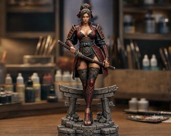 May include: A detailed figurine of a warrior standing on a stone torii gate base. The figure wears dark red and black armour with intricate circular emblems, holds a katana across the waist, and features a high ponytail hairstyle with red ribbons.
