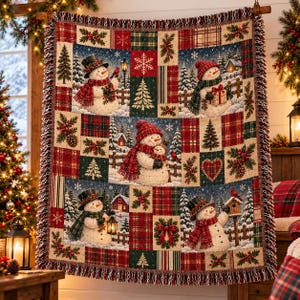 May include: A woven throw blanket featuring a patchwork design of snowmen, pine trees, holly, and plaid patterns. The snowmen wear hats and scarves, interacting with lanterns, birdhouses, and gifts against a snowy winter landscape background.