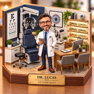 May include: A miniature diorama of an optometrist office featuring a caricature of a doctor in a white coat holding a tablet. The scene includes an exam chair, phoropter, eye chart, desk, computer, and shelves with glasses. A gold plaque reads DR. LUCAS OPTOMETRIST.