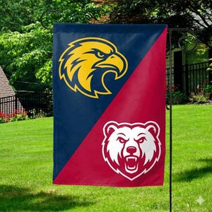 May include: A rectangular garden flag divided diagonally into a dark blue section and a red section. The blue side features a yellow eagle head graphic, while the red side displays a white bear head graphic with an open mouth showing teeth.