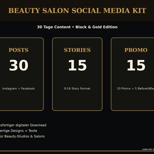 Könnte beinhalten: Ein digitales Social-Media-Kit in Schwarz und Gold für Beauty-Salons. Es enthält 30 Posts für Instagram und Facebook, 15 Stories im 9:16-Format sowie 15 Promo-Grafiken mit 10 Promos und 5 Vorher-Nachher-Vorlagen inklusive Text.