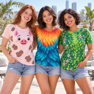 Puede incluir: Tres camisetas de manga corta y cuello redondo. La primera es rosa claro con una cara de cerdo y manchas marrones. La segunda presenta un patrón de plumas naranja, amarillo y azul. La tercera es verde con un estampado de hojas y flores rosas.