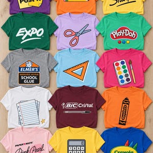 May include: A collection of fifteen short-sleeved t-shirts in various colors, each featuring a graphic print of a school supply brand or item, including Post-it, Ticonderoga, Sharpie, Expo, scissors, Play-Doh, Elmer's Glue, a ruler, paint, paper, Bic, Crayola, Paper Mate, a calculator, and crayons.