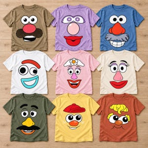 Pode incluir: Uma coleção de nove camisetas de manga curta em várias cores, cada uma com uma estampa gráfica única de um rosto de desenho animado inspirado em personagens do Sr. Batata, com diferentes olhos, narizes, bocas, chapéus e bigodes.