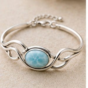 Natural Blue Larimar Cuff Bracelet, Open Wave Sterling Silver Bangle, Ocean Gemstone Bracelet, Beach Boho Jewelry Gift for Her