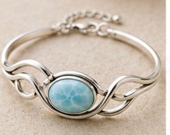 Natural Blue Larimar Cuff Bracelet, Open Wave Sterling Silver Bangle, Ocean Gemstone Bracelet, Beach Boho Jewelry Gift for Her