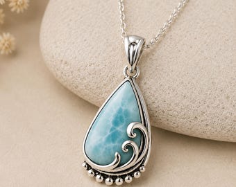 Natural Larimar Pendant, Blue Larimar Necklace, Larimar Gemstone Jewelry, Sterling Silver Pendant, Dominican Larimar, Caribbean Blue Stone