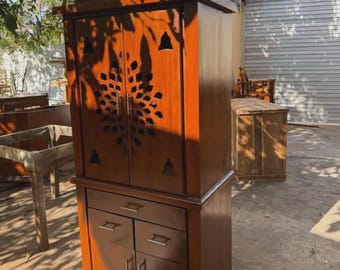 Handmade Wooden Storage Cabinet with Tree Design, Drawers, Doors