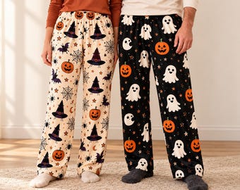 Unisex Halloween Pajama Pants, Ghost Pumpkin Black Cat Lounge Pants, Spooky Wide Leg Sleep Bottoms, Fall Pajamas Gift for  Women