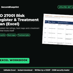 Puede incluir: Un listado de producto digital para un libro de trabajo de Excel de registro de riesgos y plan de tratamiento ISO 27001. El gráfico negro presenta texto blanco, acentos verdes y una vista previa de una tabla de registro con matriz 5x5.
