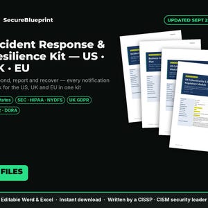 Incident Response and Business Continuity Kit – 50-State Breach Deadlines, SEC, HIPAA, GDPR – 12 Playbooks – Word