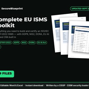 ISO 27001 Toolkit 2026 – Complete ISMS Templates, 29 Word and Excel Files – GDPR, Nis2, Dora, Eu Ai Act Ready