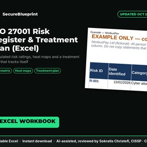 ISO 27001 Risicoregister & Risicobehandelingsplan Excel – 5x5 Heatmap, Automatische beoordelingen, Uitgewerkt voorbeeld