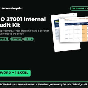 Op de afbeelding: De SecureBlueprint ISO 27001 interne auditkit bevat een auditprocedure, een 3-jarig programma en een checklist voor clausules 4-10, 93 controles en ISO 19011. Het bevat één Word-document en één Excel-bestand, bijgewerkt oktober 2026.
