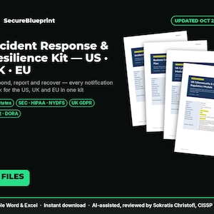 Puede incluir: Un conjunto de documentos digitales titulado SecureBlueprint Incident Response & Resilience Kit — US • UK • EU, actualizado en octubre de 2026. Incluye 8 archivos para respuesta a incidentes, con módulos para 50 estados, SEC, HIPAA, NYDFS, UK GDPR, NIS2 y DORA.