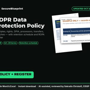 GDPR Data Protection Policy Template – Retention Schedule, Lawful Basis, DPIA, Breach Process – Word