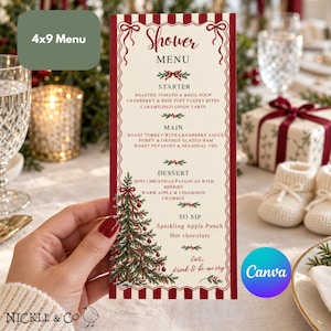 May include: A 4x9 inch rectangular menu card with a cream background and red striped borders. The text reads Shower Menu, listing starters, main courses, desserts, and drinks. It features a detailed illustration of a Christmas tree.