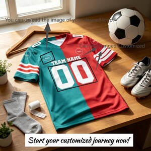 May include: A split-colour teal and red sports jersey featuring white stripes on the sleeves, the text "TEAM NAME" and "00" in white, and placeholder logo areas. The jersey is displayed with a football, grey socks, and silver football boots.