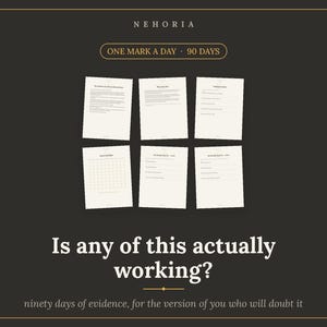 Op de afbeelding: Een donkergrijze digitale afbeelding met de tekst NEHORIA, ONE MARK A DAY 90 DAYS, Is any of this actually working?, en ninety days of evidence, for the version of you who will doubt it. Zes witte vellen papier met tekst zijn weergegeven.
