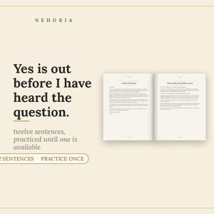 Può includere: Una grafica beige con il testo NEHORIA, Yes is out before I have heard the question, twelve sentences, practiced until one is available, e 12 SENTENCES · PRACTICE ONCE. Un libro aperto mostra due pagine di testo stampato.
