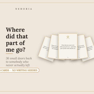 May include: A set of 36 cards with the title Where did that part of me go? and the subtitle 36 small doors back to somebody who never actually left. The cards are arranged in a fan shape against a light beige background with dark text.