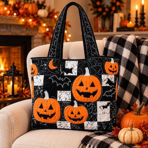 Halloween Pumpkin Quilted Tote Bag, Jack O Lantern Patchwork Purse, Spooky Black Orange Shoulder Bag, Fall Market Tote Gift